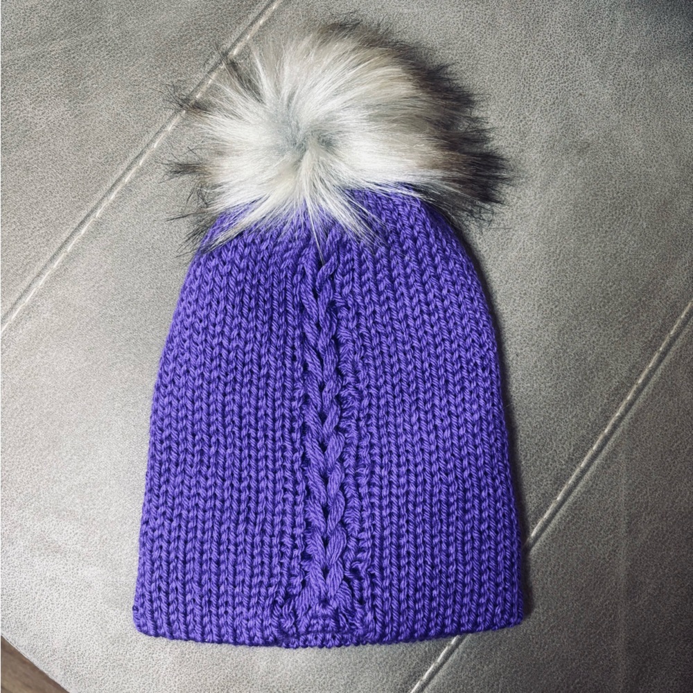 Purple Knit Kids Beanie with Faux Fur Pom